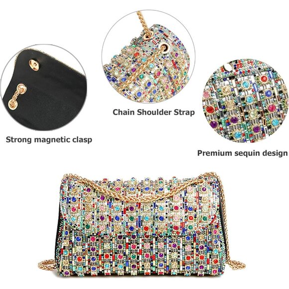 Womens Chain Shoulder Rhinestones Clutch Sparkly Evening Cocktail Prom Multi Bag - Picture 5 of 6